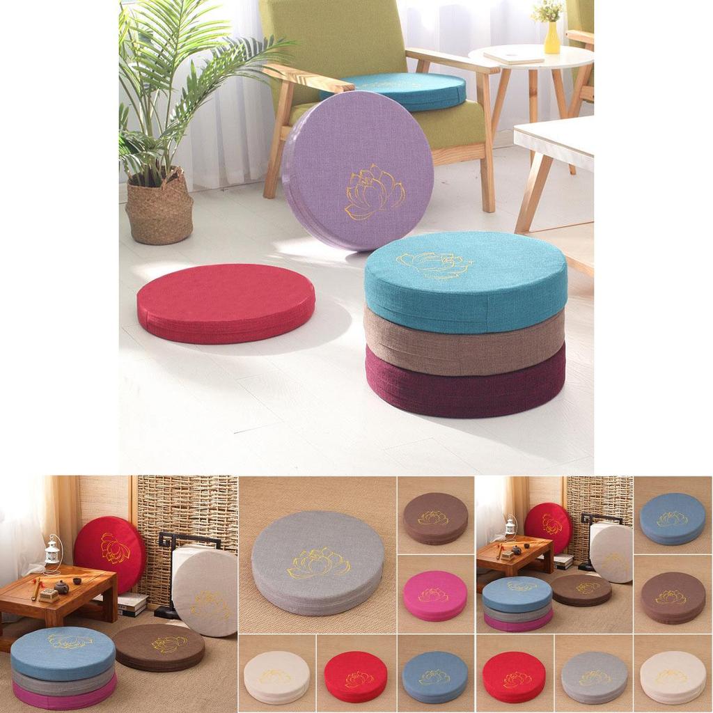 Plush Round Tatami Cushion Pad With Removable Washable Cover And Lotus Print