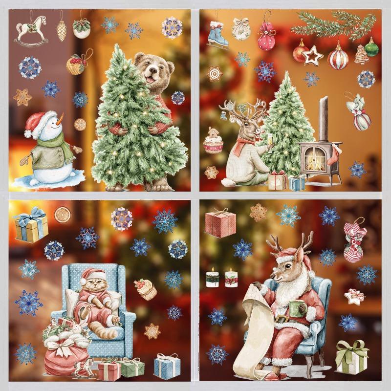 2026 Christmas Static Cling Window Stickers Watercolor Animal Cat Designs for Glass Door & Window Decoration Self-Adhesive