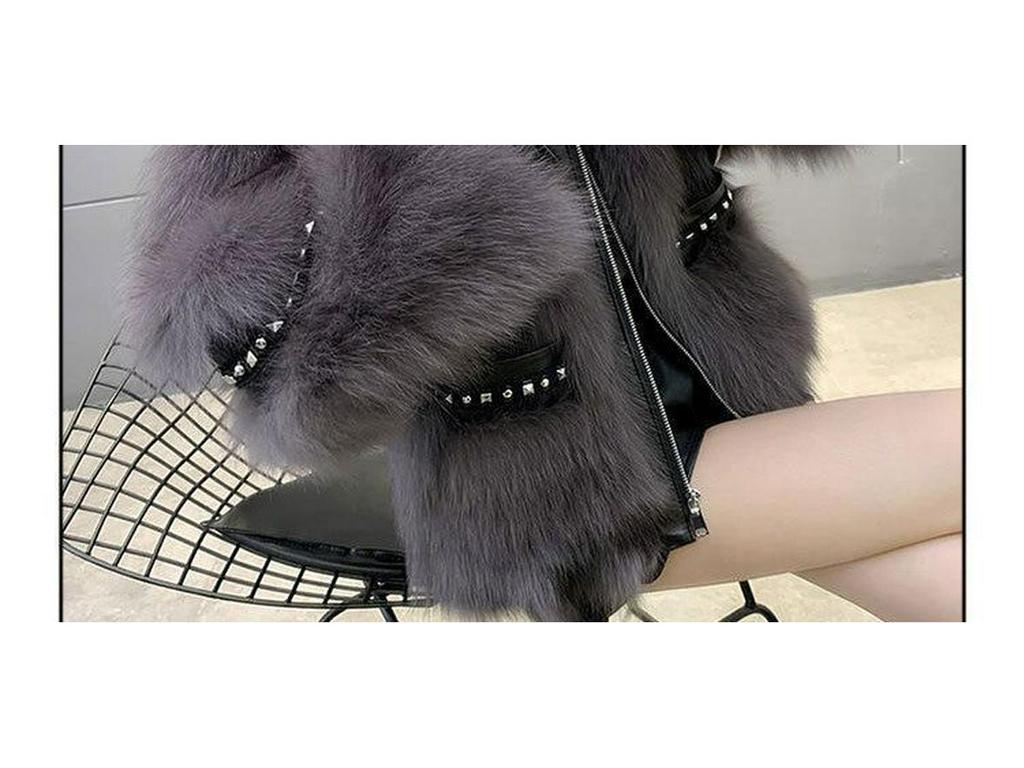 Korean Style Grey Faux Fur Batwing Sleeve Rivet Winter Coat for Women