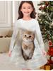 Girls' Autumn and Winter Fashion Dress, 3D Cute Kitten Print  Round Neck Long Children's T-shirt Dress, Casual Versatile, Christmas Clothing