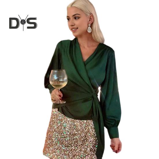 

Женская рубашка с V-образным вырезом, шнуровкой сбоку, фонарь, длинный рукав, пуловер, топы, однотонная рабочая повседневная блузка, повседневная одежда S темно-зеленого