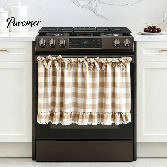 Window Valance with Lace Trim Buffalo Check Valance, Ruffled Curtain And Bows, Small Valances Light Filtering Rod Pocket for Kitchen Living