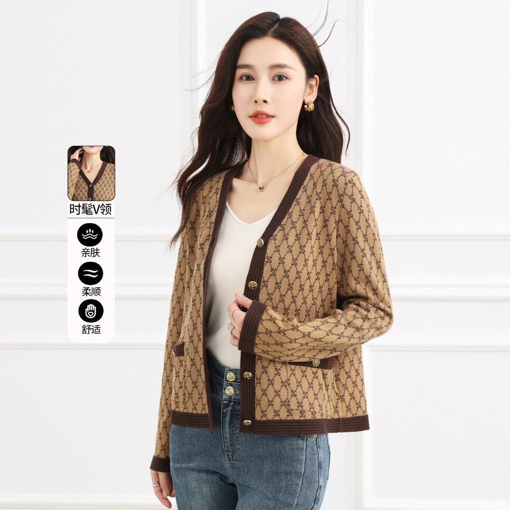 Knitted Sweater V-neck Contrasting Color Jacquard Women's Cardigan