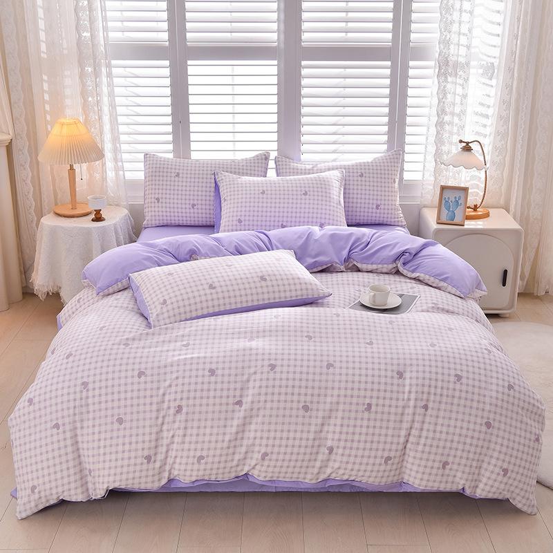 Plaid Solid Color Thickened Brushed Bed Sheet Four-piece Set Quilt Cover Single Piece Washed Cotton Dormitory Bedding Three-piece Set