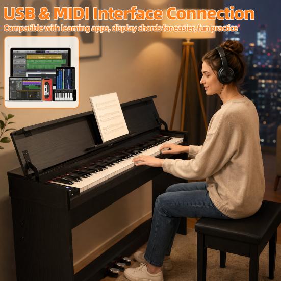 Piano Digitale Compatibile Bluetooth 88 Tasti con Triplo Pedale e MIDI USB, Tasti Sensibili al Tocco, 88 Tasti Pesati Jack Cuffie, Schermo LED,