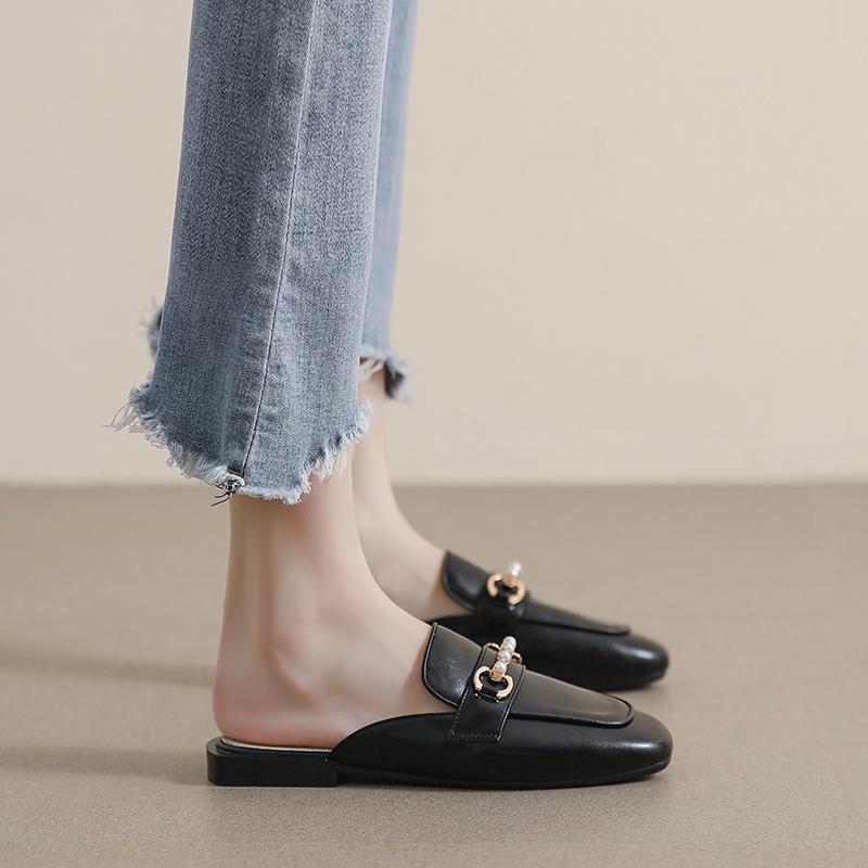 Papuci de primăvară pentru femei, noi, plați, tip mule pătrat, pantofi casual de exterior, stil coreean, design metalic elegant, pentru banchet și birou