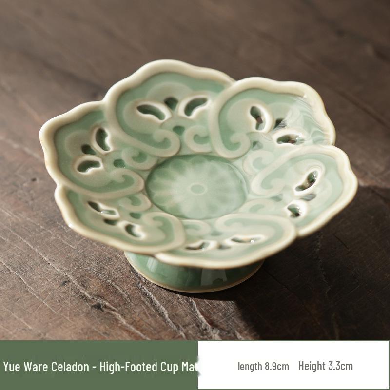 Celadon Handcrafted Flower-Shaped Embossed Tea Coaster - High-Footed, Heat-Insulating Tea Mat for Gongfu Ceremony