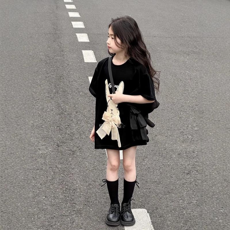 Dívčí tričko s krátkým rukávem, sukně, volný top, dětský letní bavlněný top s půl rukávem