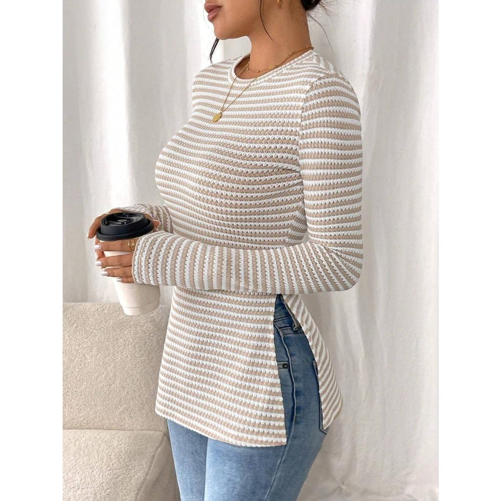 Nowa, swobodna, damska koszula z okrągłym dekoltem i długim rękawem, uniwersalny top z rozcięciem, seksowny T-shirt