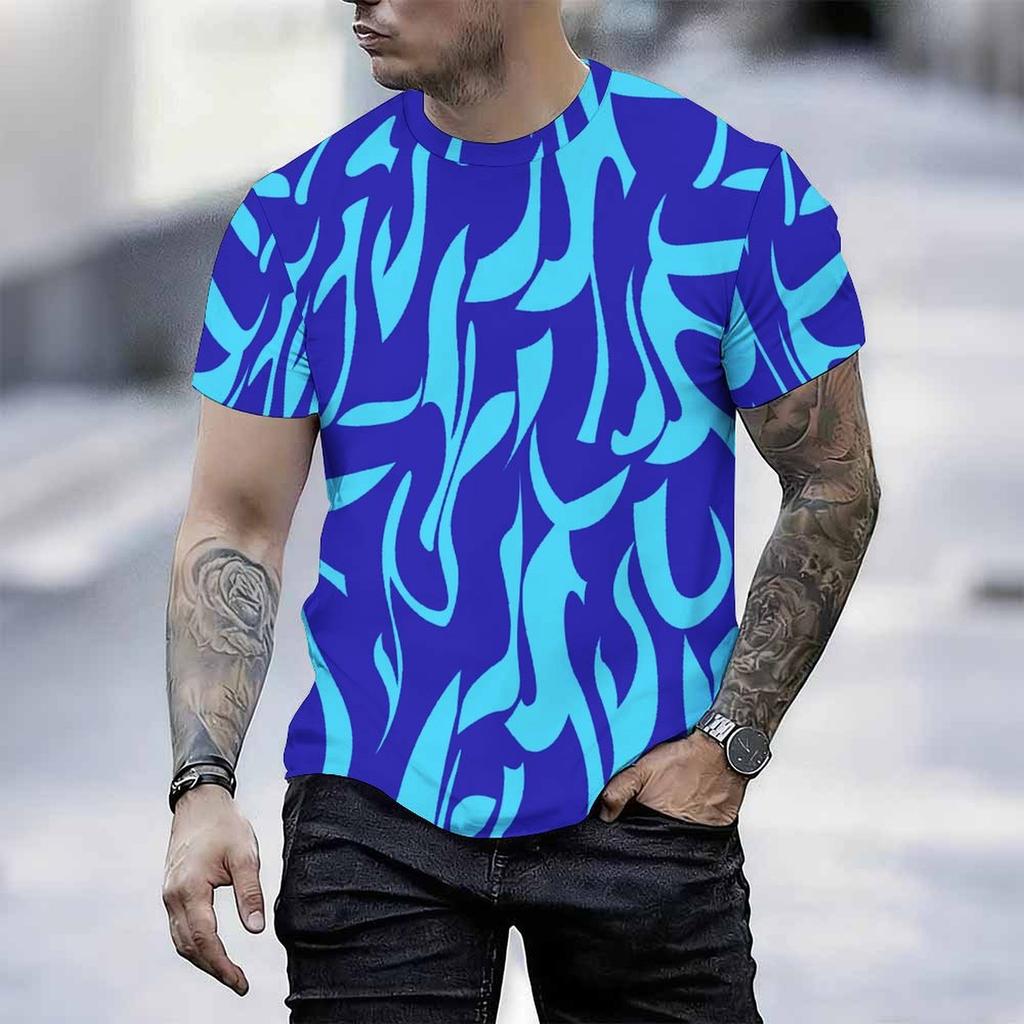 Women Short Sleeve Crew Neck T Shirt Dark Blue Light Blue Abstract Flame Swirl Print Top
