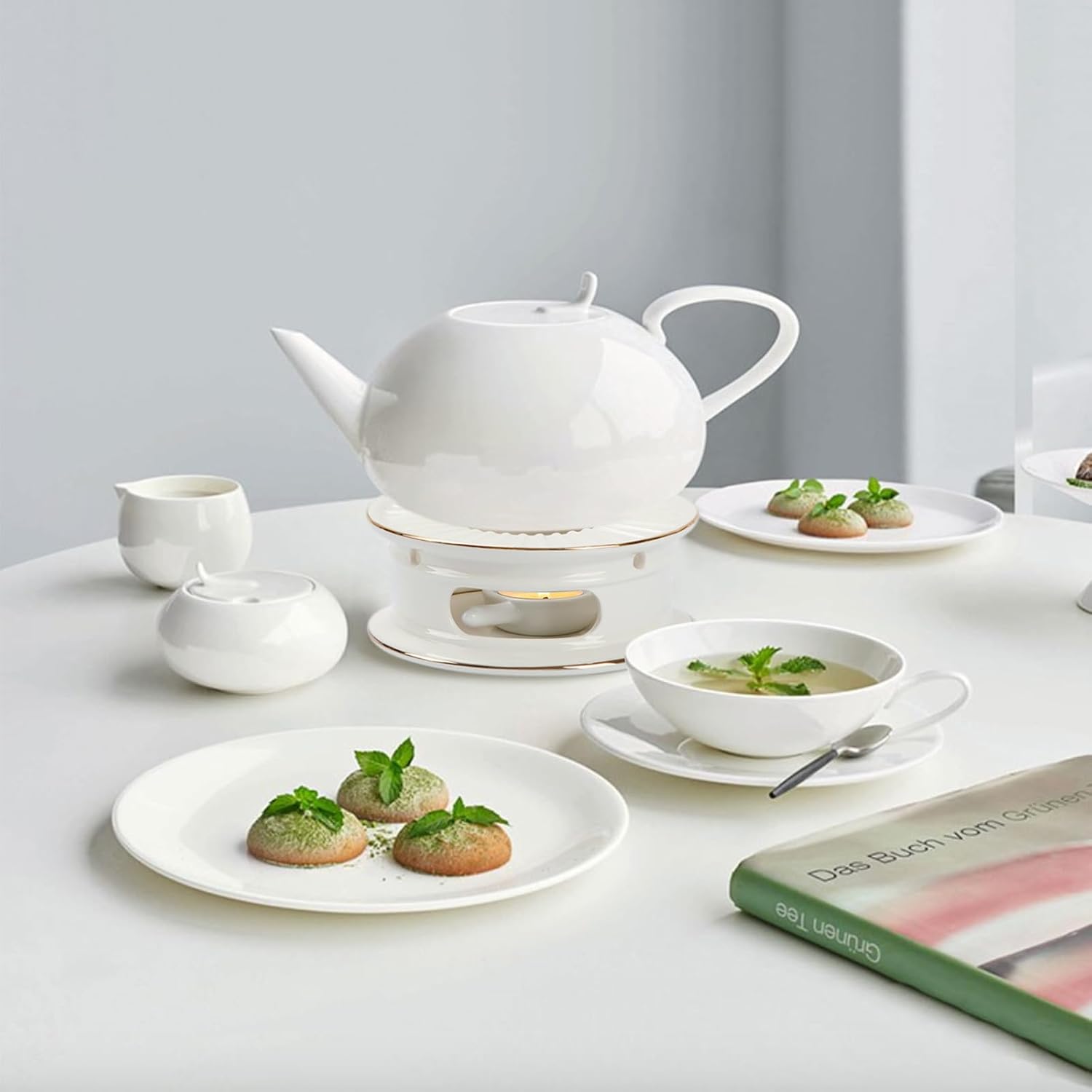 KAYCROWN Подогреватель для чайника, Керамический подогреватель для чая с держателем для чайной свечи, Нагреватель для чайника для подогрева кофе, молока, Подогреватель для чайной свечи, Подсвечник (белый)