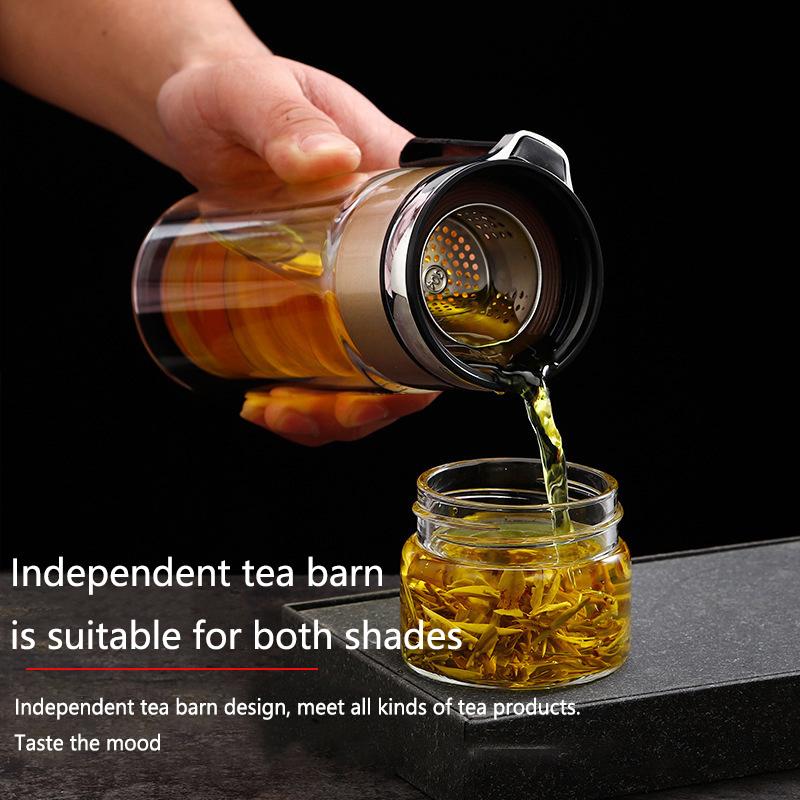 Skleněná láhev s čajovým sítkem, nepropustný cestovní hrnek, dvoustěnný čajový šálek, přenosná láhev na vodu se sítkem, láhev na čaj s oddělením vody
