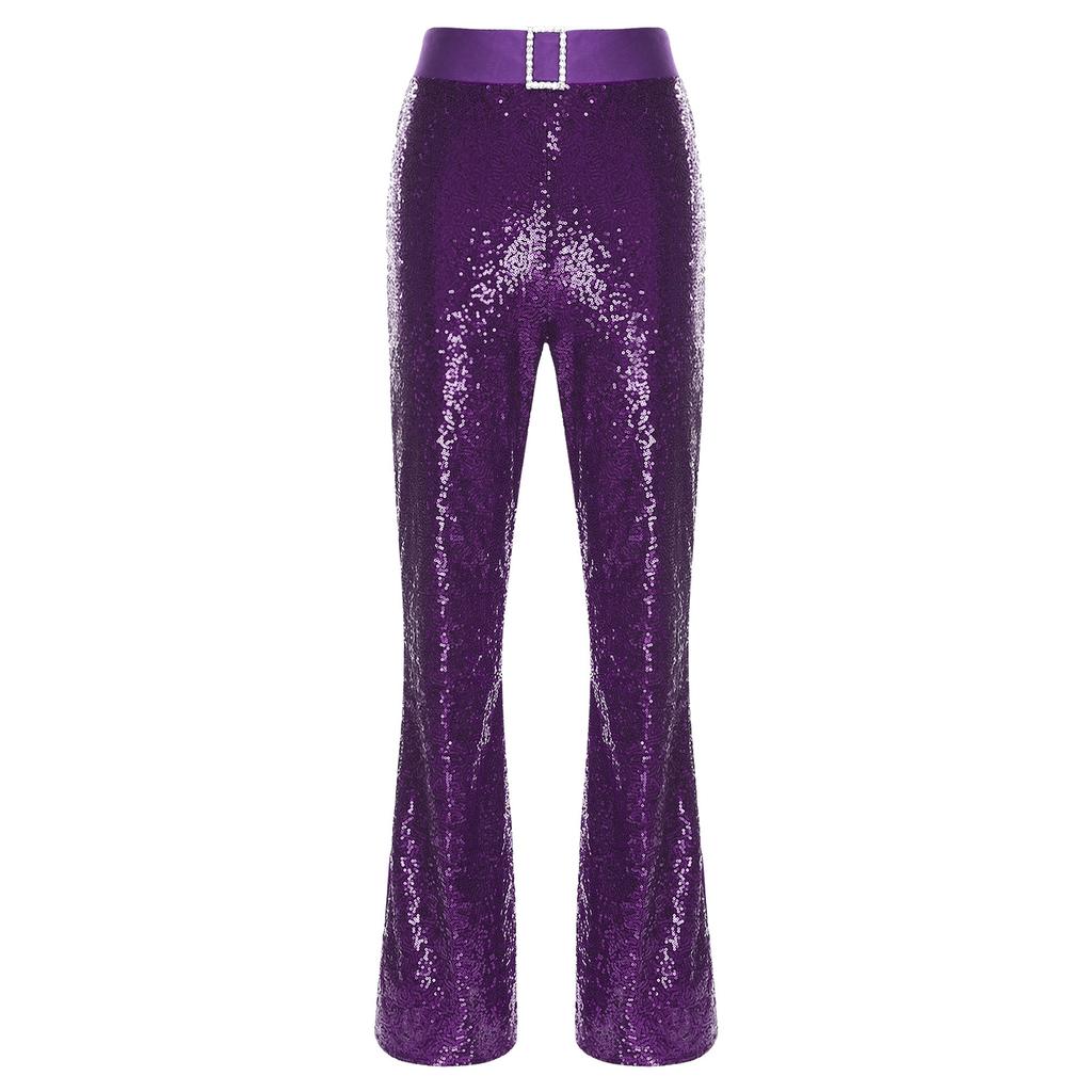Womens Glittery Sequin Jazz Dance Pants Flared Design Elastic High Waist Rhinestone Decor Bell Bottom Trousers