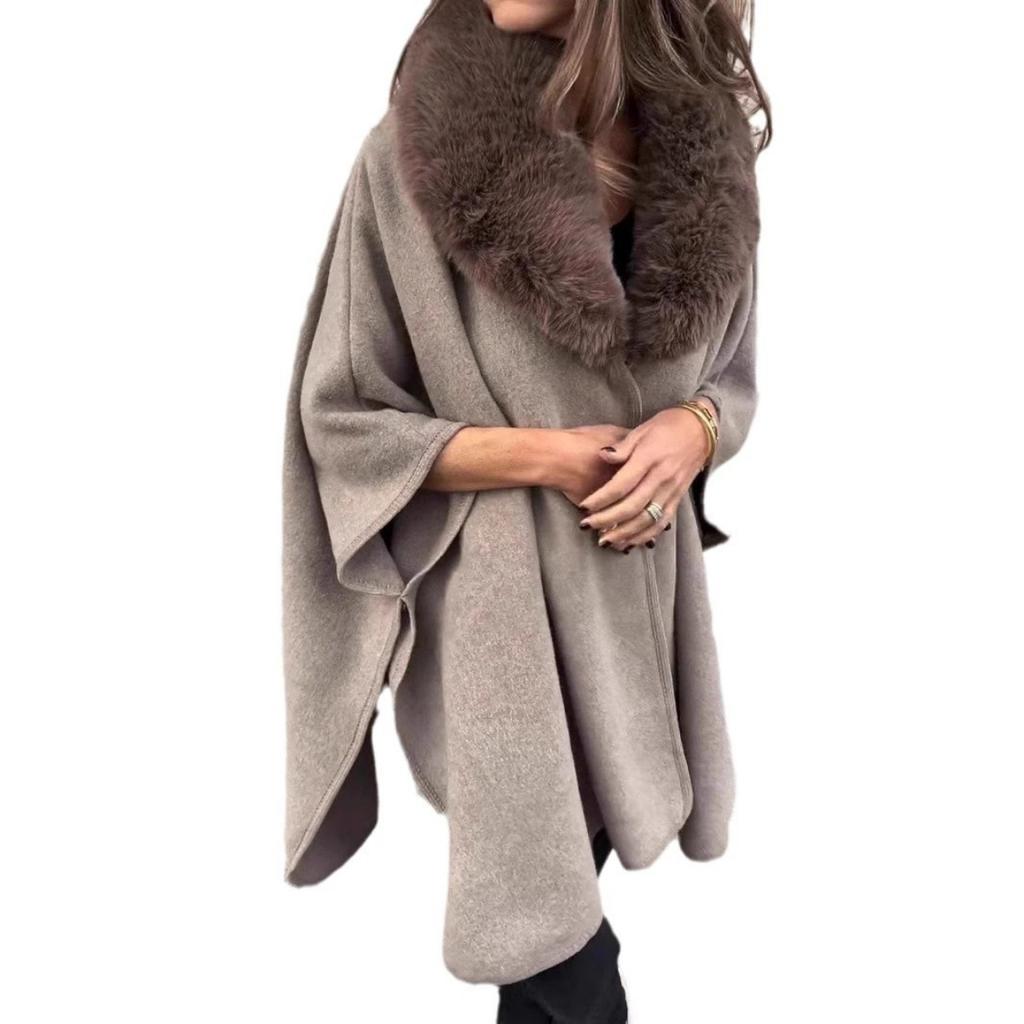2025 New Women's Autumn Winter Loose Long Sleeve Lapel Faux Fur Collar Cloak Coat Outerwear
