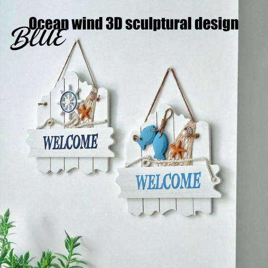 Beach House Accessories Mediterranean Style Wooden Welcome Sign, Starfish And Shells Hanging Nautical Decor Plaque, Decorative Wall Art for Home Porch