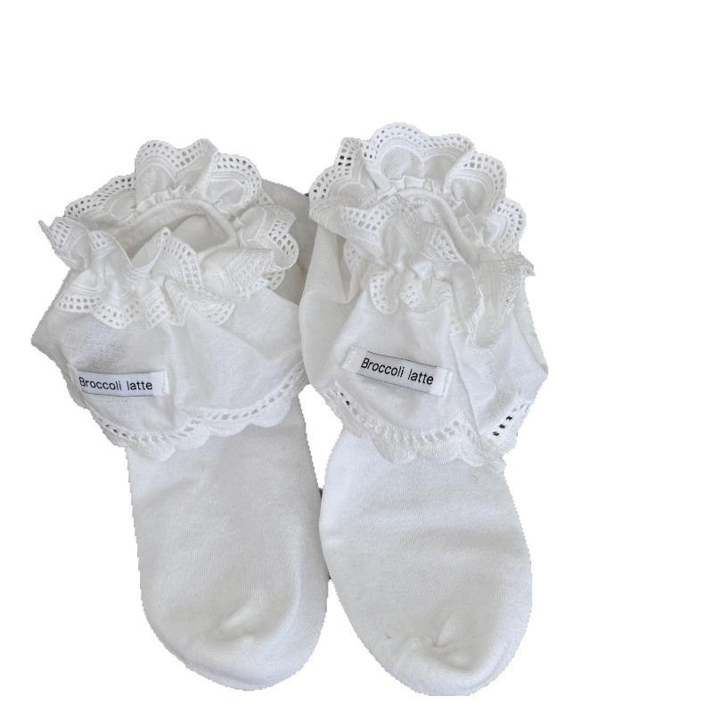 White Lolita Mid-calf Socks, Sweet and Large Lace Breathable Socks for Girls