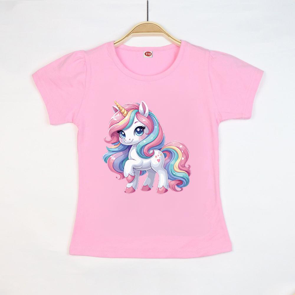 Roupas para Meninas 2-10A Verão Algodão Unicórnio Fofo Infantil Manga Curta Camiseta Macia Casual Moda Infantil Camisetas de Manga Curta