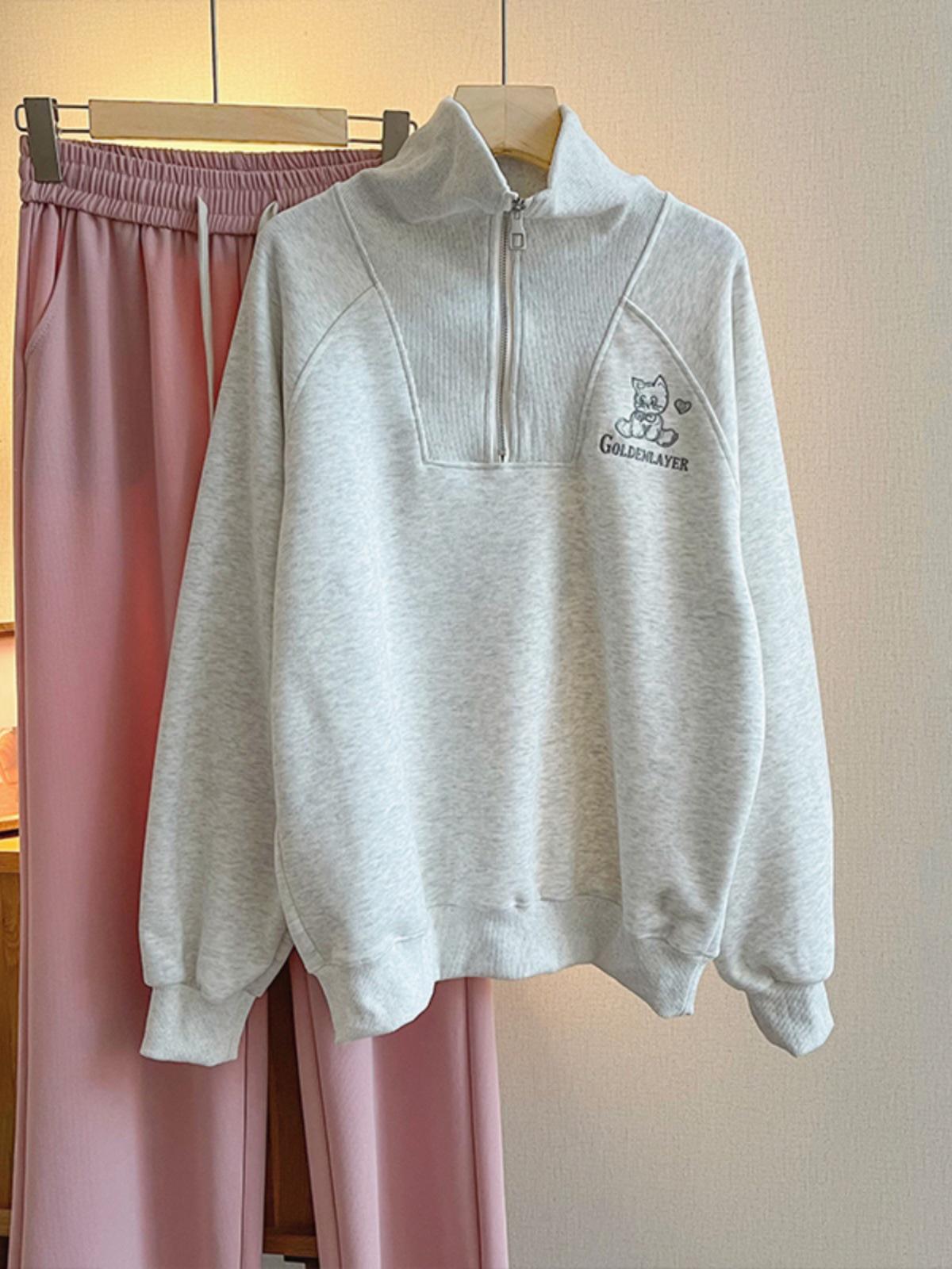 

Женское ретро худи на молнии: Отложной воротник, свободный крой, тонкий стиль для весны/осени. XL (120-140 jin) белый/серый