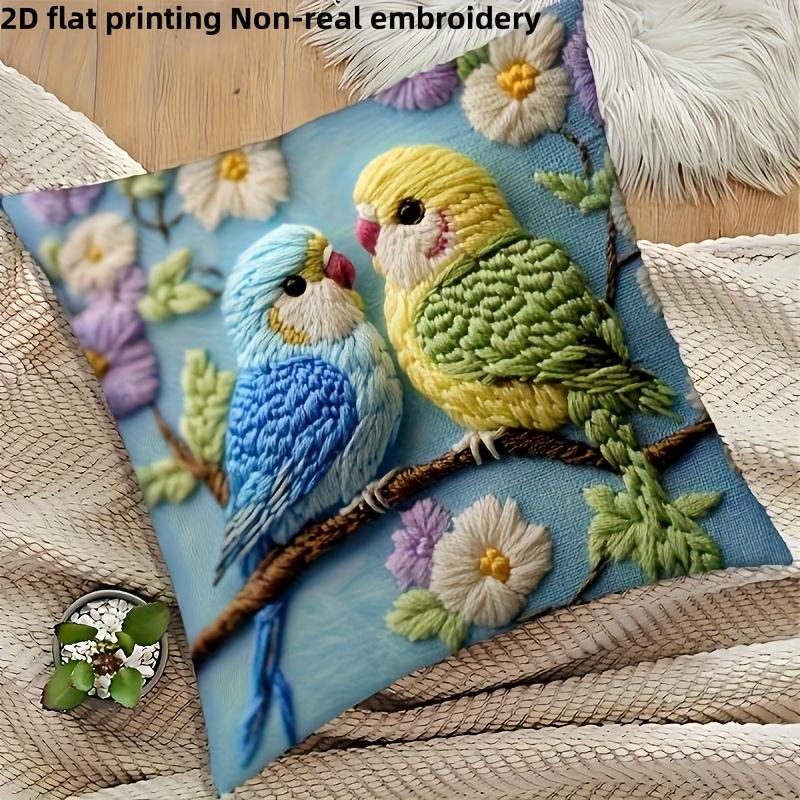 2D flat- 3D Embroidery Style Lovebirds Throw Pillow Cover Cute Floral Couple Parakeet Cushion Case for Home Bedroom Sofa Decor