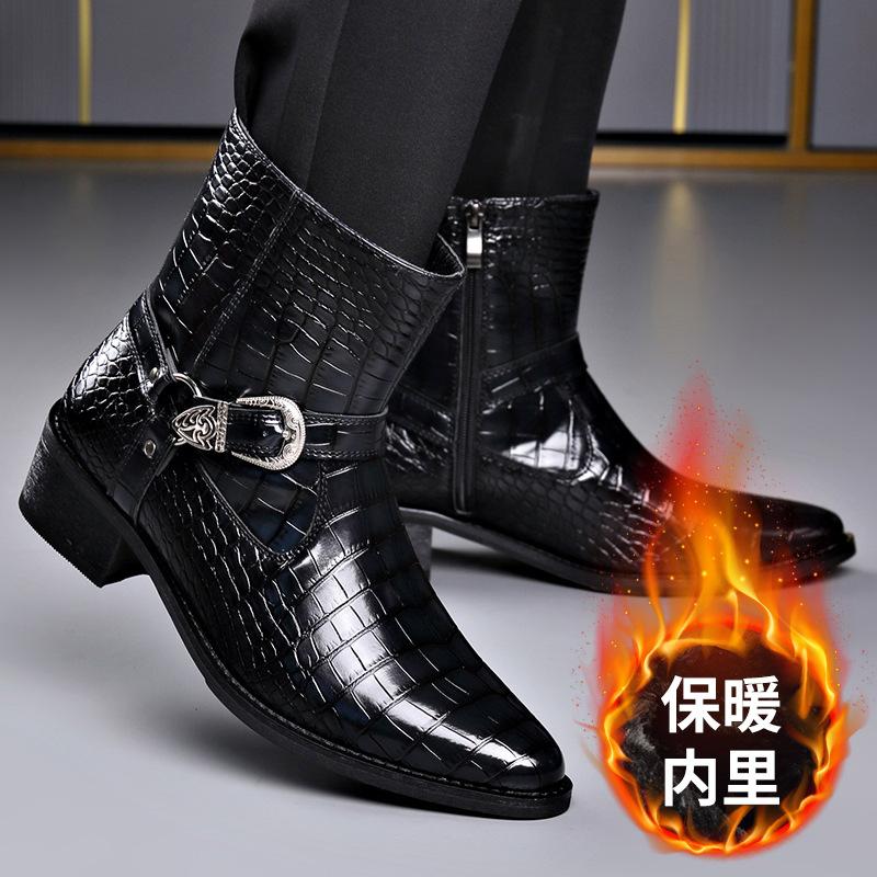 Fashion Big Size Buckle Designer Leather Chelsea Boots Men Fashion Casual Black Autumn Witner Dress Shoes Man Stone Pattern Ankle Boots