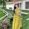 Holiday Style Super Good-looking Fairy French Yellow Neck Off-the-shoulder Dress Women's Summer New Temperament Loose Long