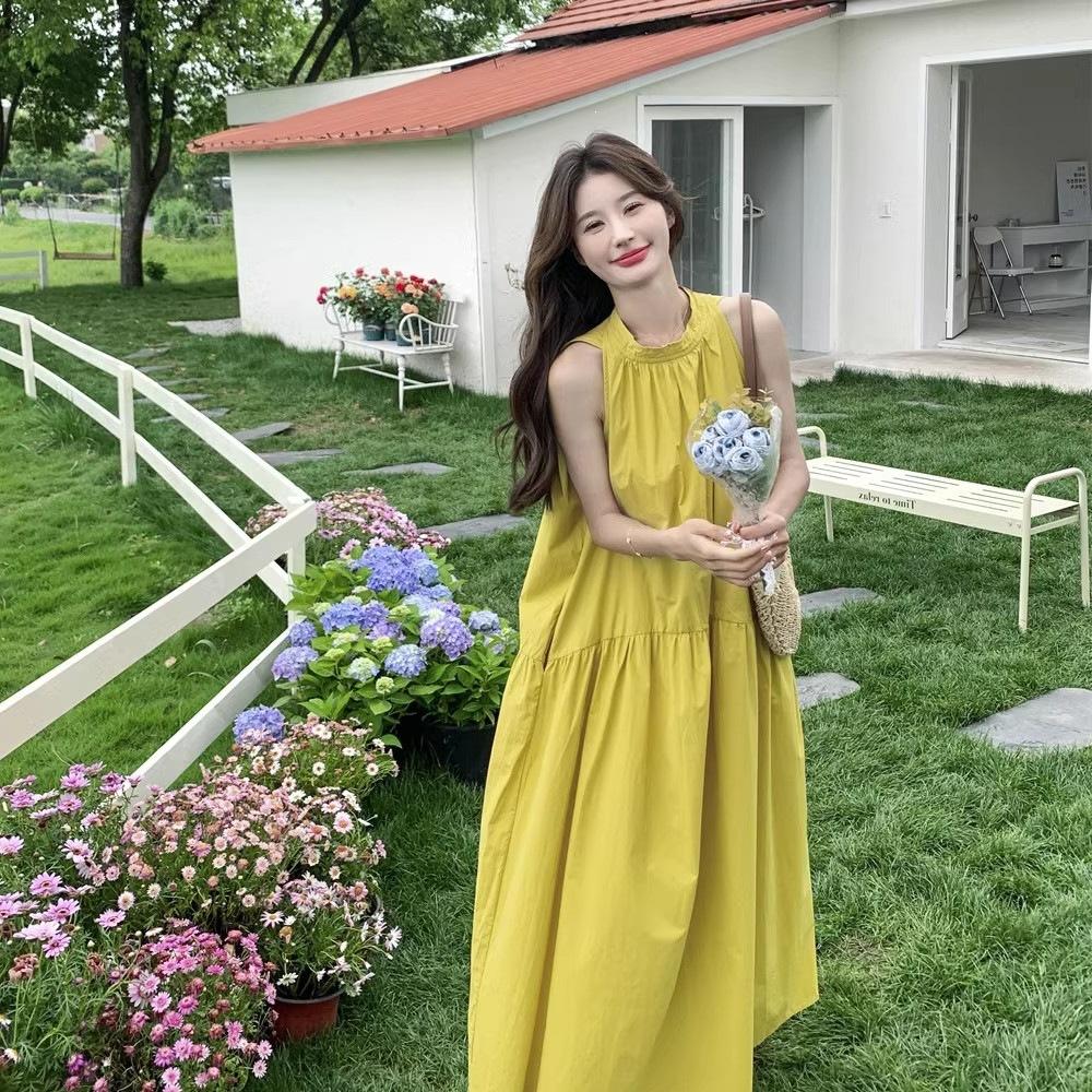 Holiday Style Super Good-looking Fairy French Yellow Neck Off-the-shoulder Dress Women's Summer New Temperament Loose Long