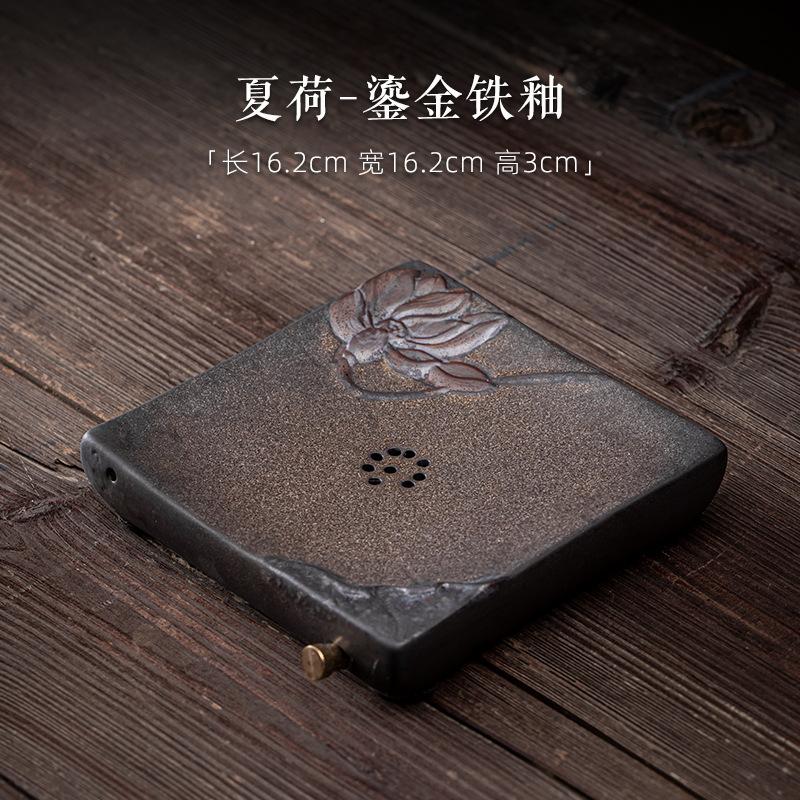 Teeablage Keramik Tee Serviertablett mit Abtropffläche Retro Lotusmuster Untersetzer Teetisch Box mit Wasserspeicher für Kungfu Set