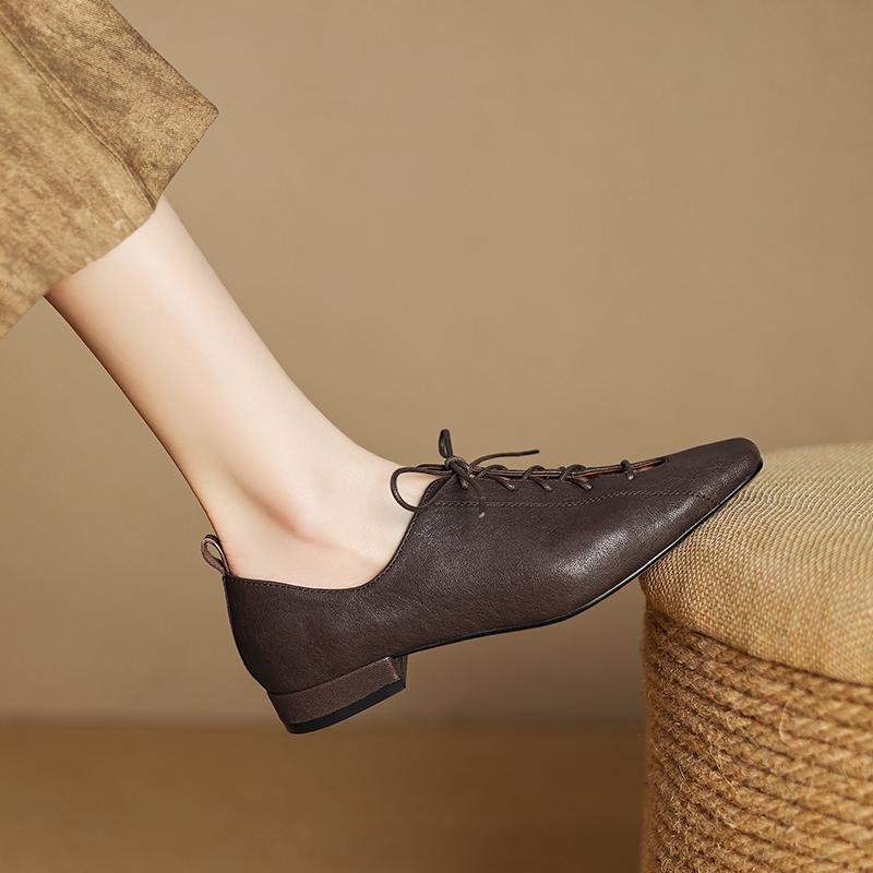 Fashion 2025 New Soft Genuine Leather Lace-up Women Heels Shoes Square Toe Comfortable Fashion Casual Low Heel Shoes Four Seasons Shoes