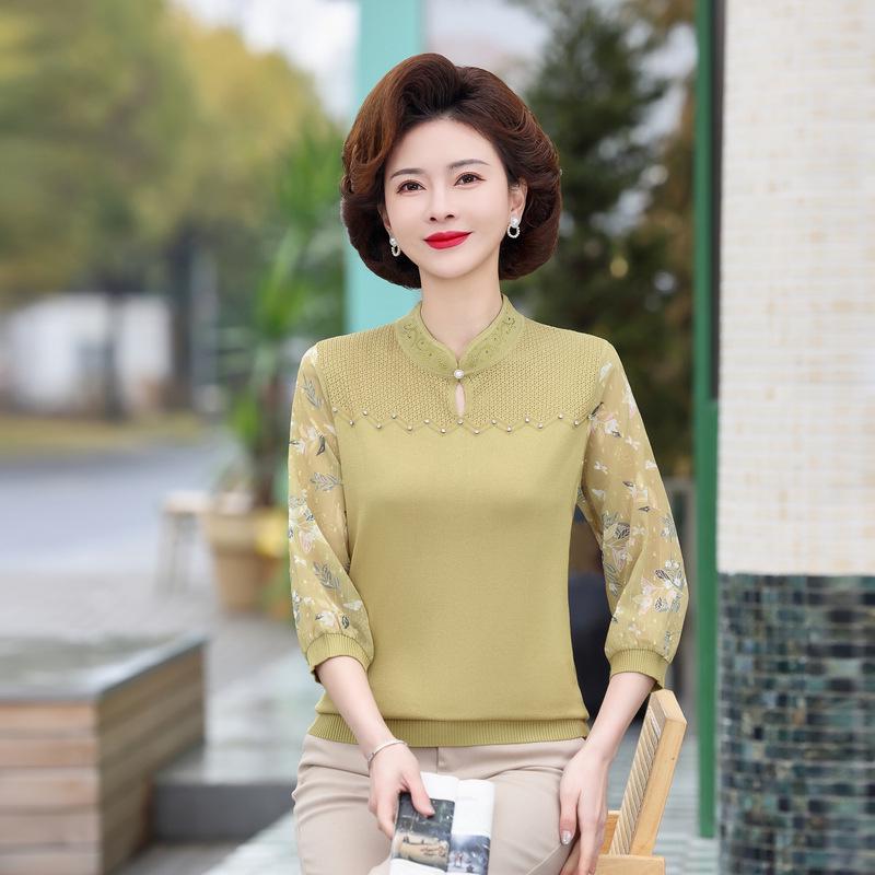 Elegant Chiffon Patchwork Knit Top for Middle-Aged Women - Spring Fashion 5XL (Recommended 150-165 Jin)