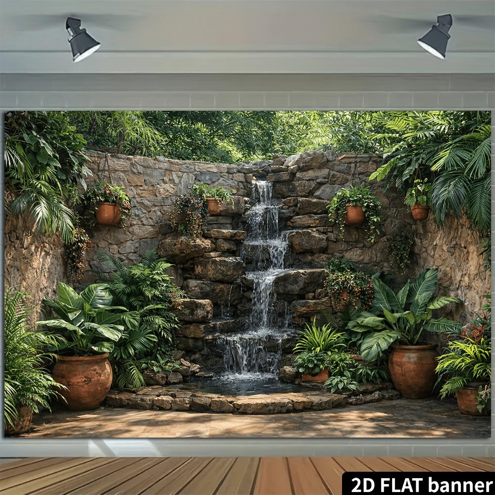 2D layered stone waterfall background with green plants and pottery jars natural forest aesthetic fern wall panel for weddings