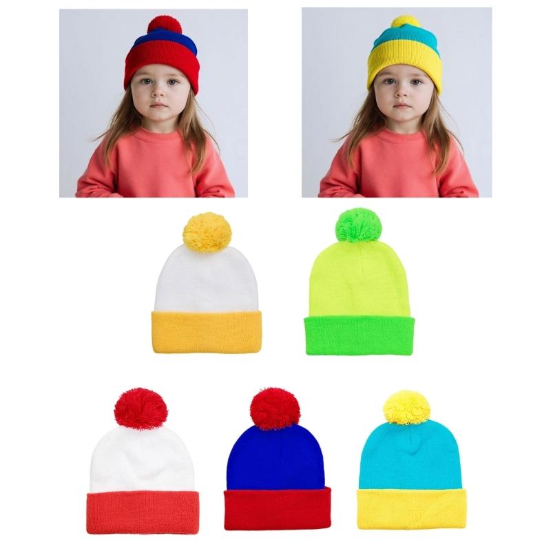 Soft Knitted Hat Color Contrast Stretchy Pullover Hat for Holiday Celebration Family Gathering Photography Pompoms Hat