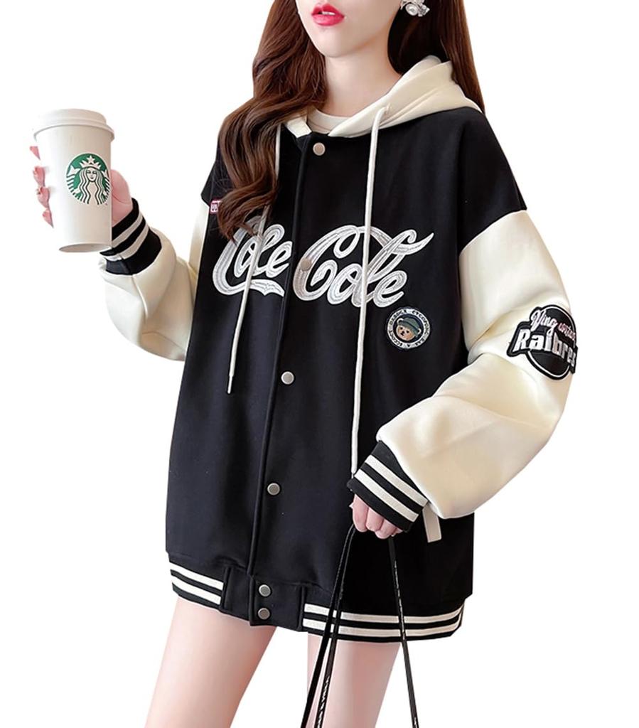 JIYUTOR Button Hoodie with Embroidered Outerwear for and Spring Stadium Student Style Black Fleece Women's Logo, Spring, Autumn, Winter,