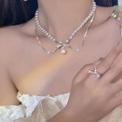 Blitzdiamant Schleife Perlenkette Damen Nische Süß Cool Babes Leichter Luxus Schlüsselbein Kette Neues Perlen Zubehör