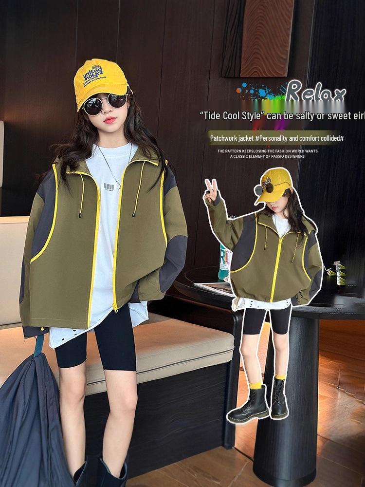 Flickors färgblocksvindjacka - Vår/Höst 2025, Med huva, Vindtät, För mellanstora och stora barn