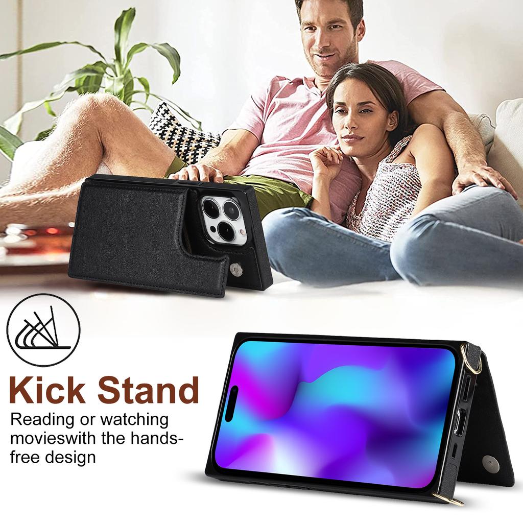 For iPhone 15 Pro Max RFID Blocking Card Holder Kickstand Cover Anti-drop Phone Case with Shoulder Strap