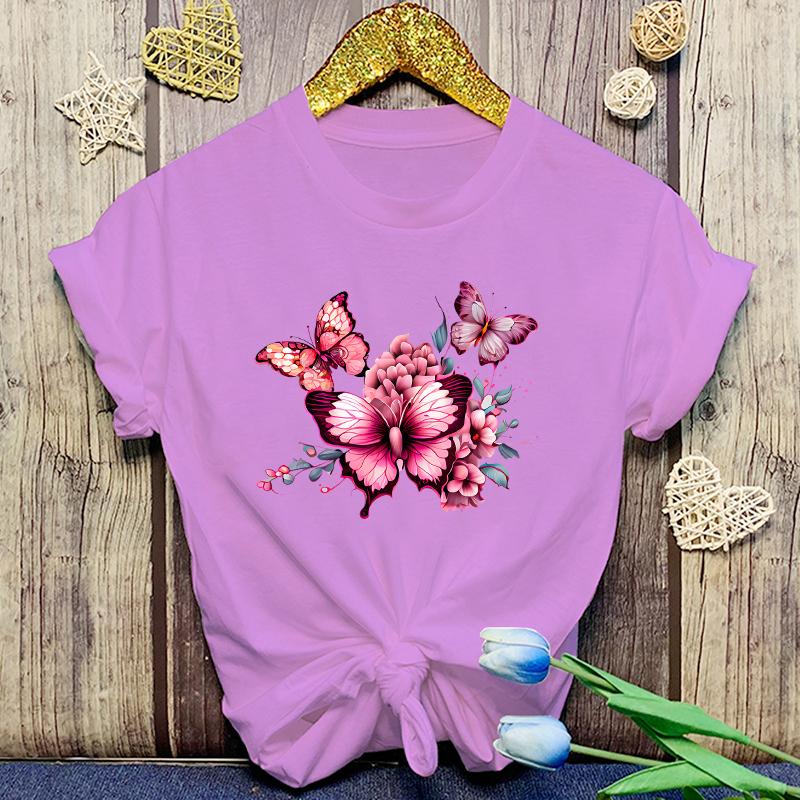 Flowers Butterfly Print Tshirt Summer Fashion Casual Short Sleeve Round Neck Tops Women/Mens T-Shirts
