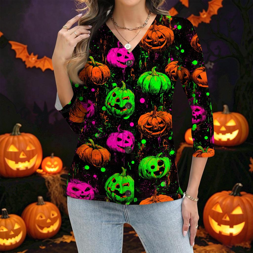Women's Casual Button Down Shirt with Halloween Print 3/4 Sleeve for Party and Daily Wear