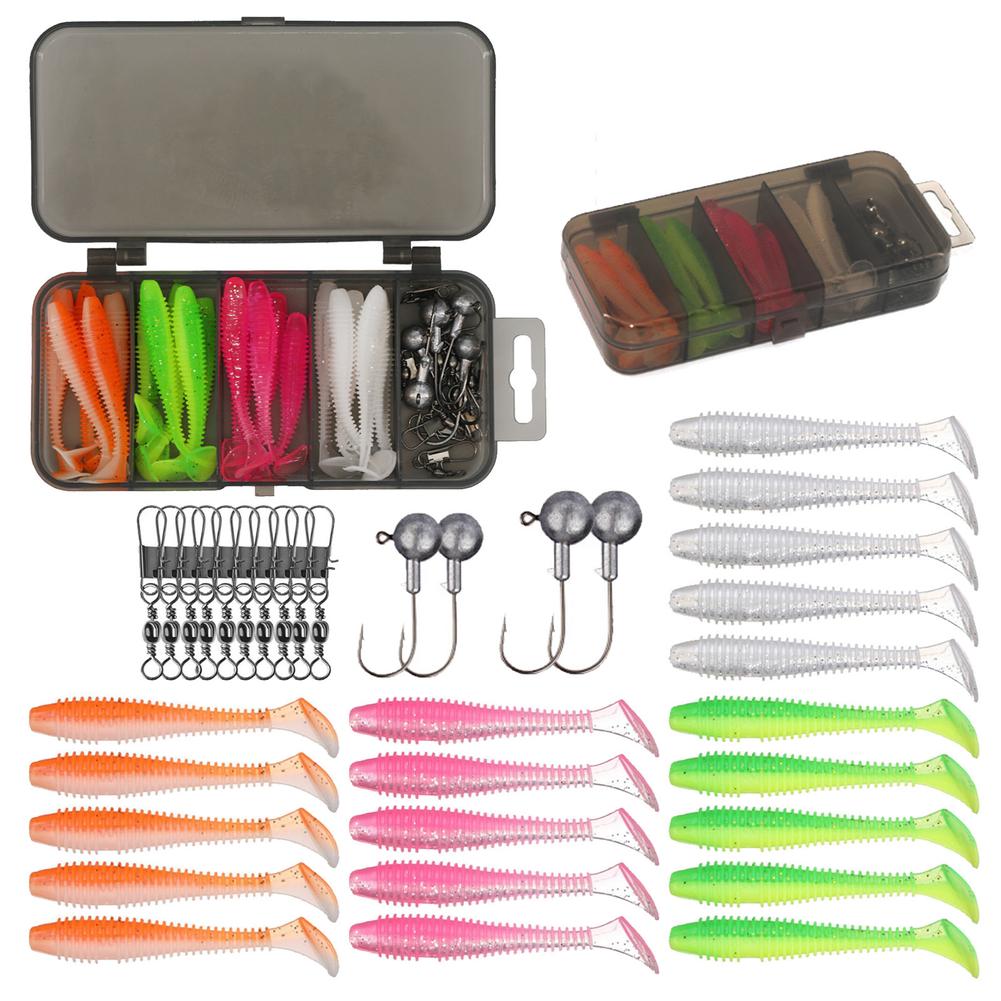 75/35pcs/Set Lure Boxed Soft Bait Perch Warbler Fish Worms Lure Threaded Curly Tail Maggot Bionic Bait Fake Baits Jig Head Hooks 260319