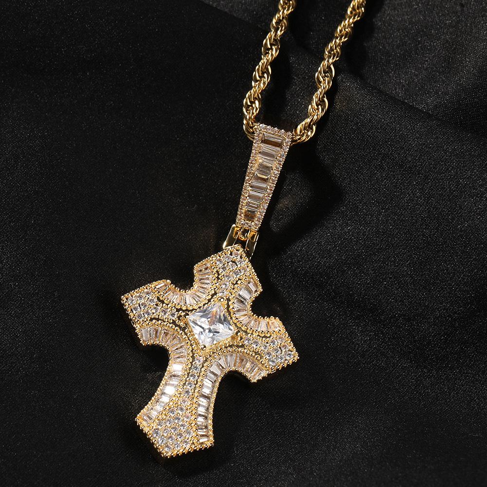 Hip Hop Ladder Square Zircon Cross Pendant Personalized Hip Hop Trend Men's Necklace Accessories