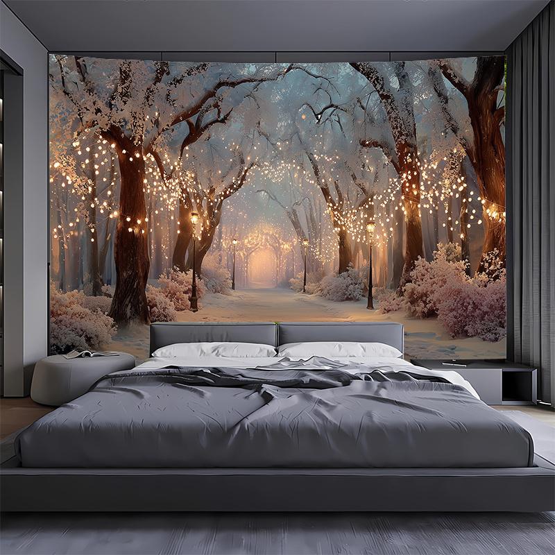 

Winter Forest Path With Snow And Fairy Lights Wall Tapestry Art Decor For Boho Living Room Holiday Home Interior 74x94cm(29x37in)