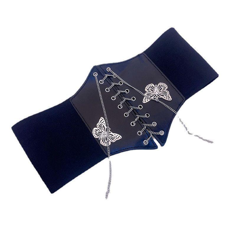 Women's Wide Corset Waistband with Tie-up Bow and Chain Embroidery