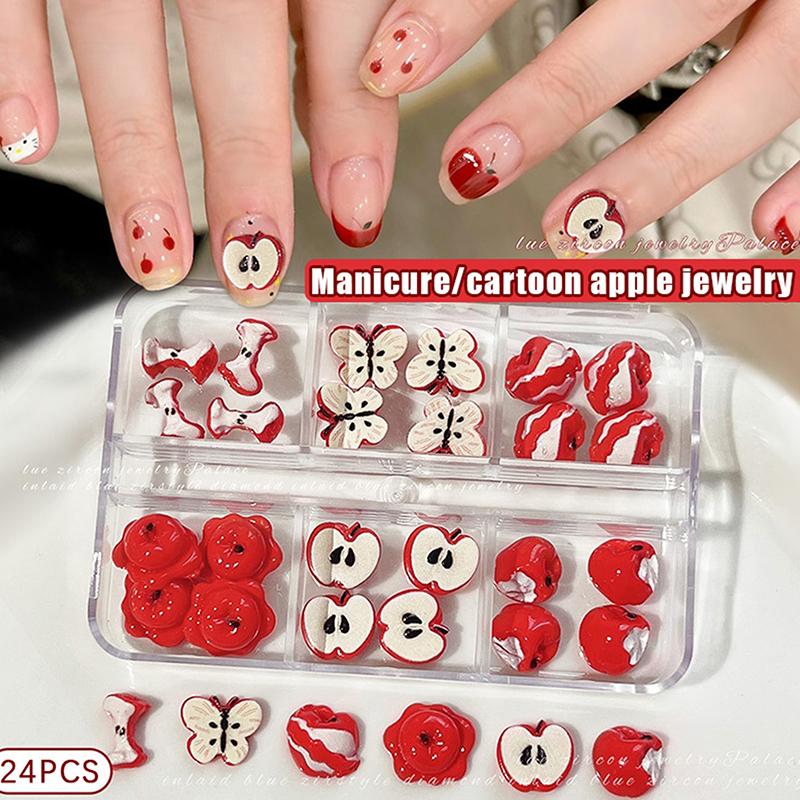 24Pcs/Box Creative Red Apple Resin Nail Charms Fruit Flatback Nail Art Slices Sweet Accessories For Diy Nail Art Decorations
