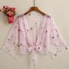 Weiß Rosa Damen Floral Stickerei Transparentes Cover-Up Hemd Langarm Durchsichtig Strickjacke Bluse Strand Boho Schal Badeanzug Mesh Damen