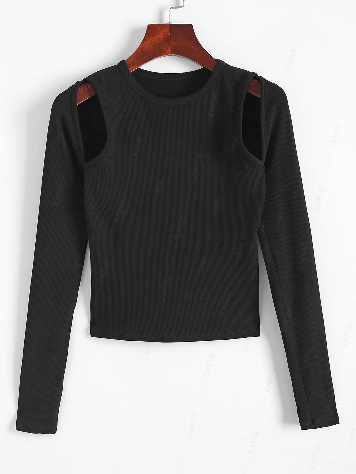 

ZAFUL Rib-knit Keyhole Cutout Long Sleeve Fitted Top S чёрный