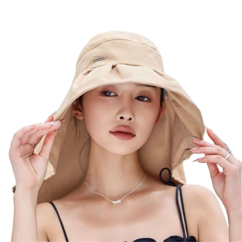 Wide Brims Sunproof Fisherman Hat With Open Top Design Bowknot Neck Cover For Women Outdoor Activity Fishing Camping