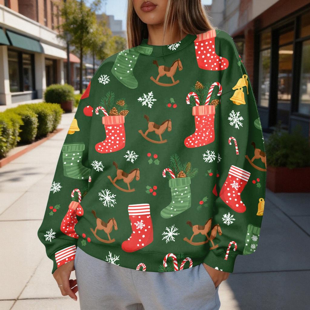 Women's Christmas Print Crewneck Sweatshirt Lightweight Casual Pullover for Holiday