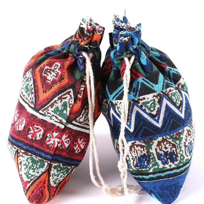 1pcs Antique Linen Cloth Drawstring Brocade Bag with Striped Pattern, Perfect for Jewelry and Stationery Storage