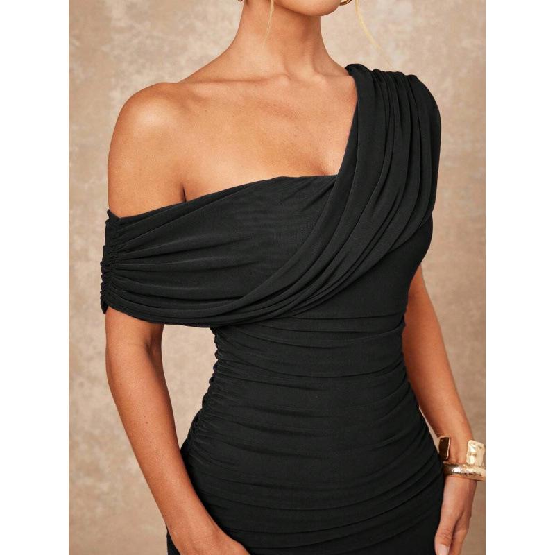 European French retro temperament elegant slanted shoulder sleeveless long waist slim dress XS