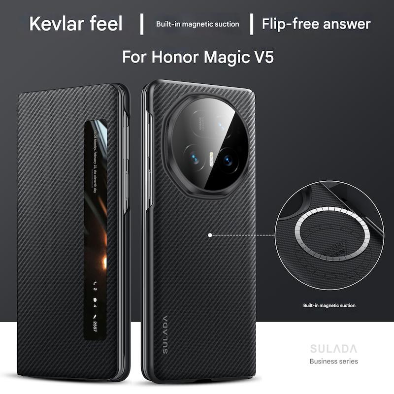 

Высококлассный чехол для телефона Magsafe из углеродного волокна и кевлара с тактильным ощущением кожи для Honor Magic V5 V3, умный сон, беспроводная зарядка, противоударный чехол Honor magic v5 чёрный