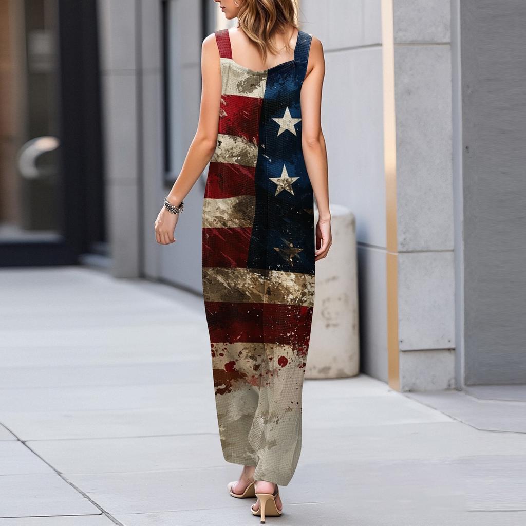 Damenmode Strampler Print Lässig Lose Vintage Overalls Mit Taschen